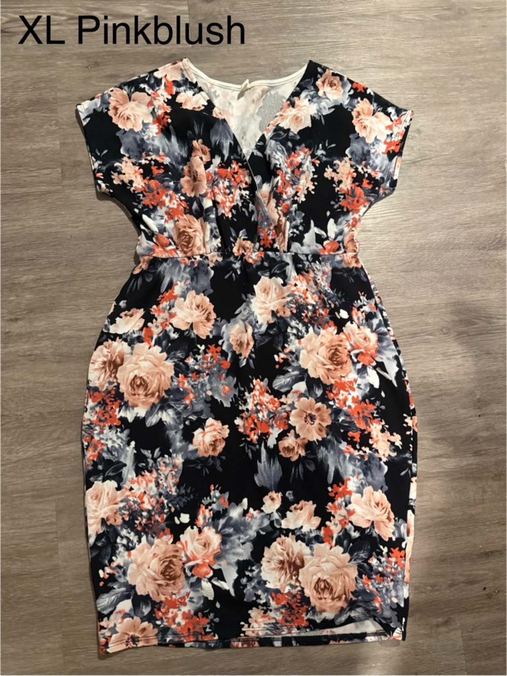Pinkblush MaternityNavy Floral Wrap-Style Midi Dress with Blush and Coral Blooms